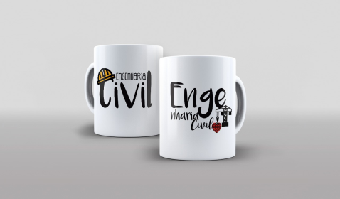 Imagem: Duas canecas sendo apresentadas na imagem. Ambas as canecas apresentam a palavra Engenharia Civi. Cada uma com um jeito diferente de escrita. 